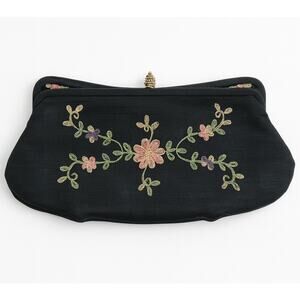 Vintage 50's-60's Black Embroidered Floral Clutch Purse with Gold Clasp formal
